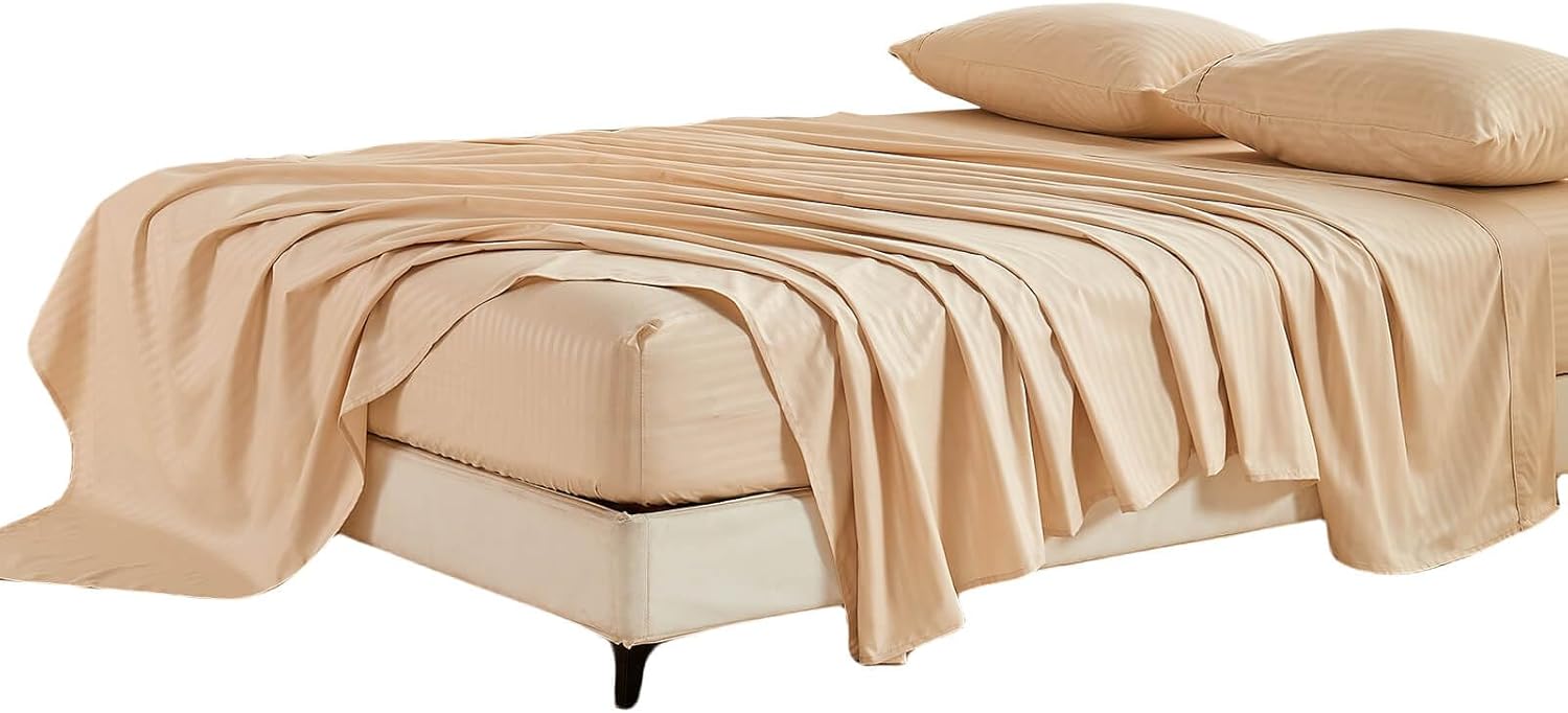 Kingnex Oversized King Flat Sheet 132x110 with Striped Pattern for Extra Wide Tall King or Cal King Bed Durable Soft Brushed 1800 Microfiber Top Sheet Only White