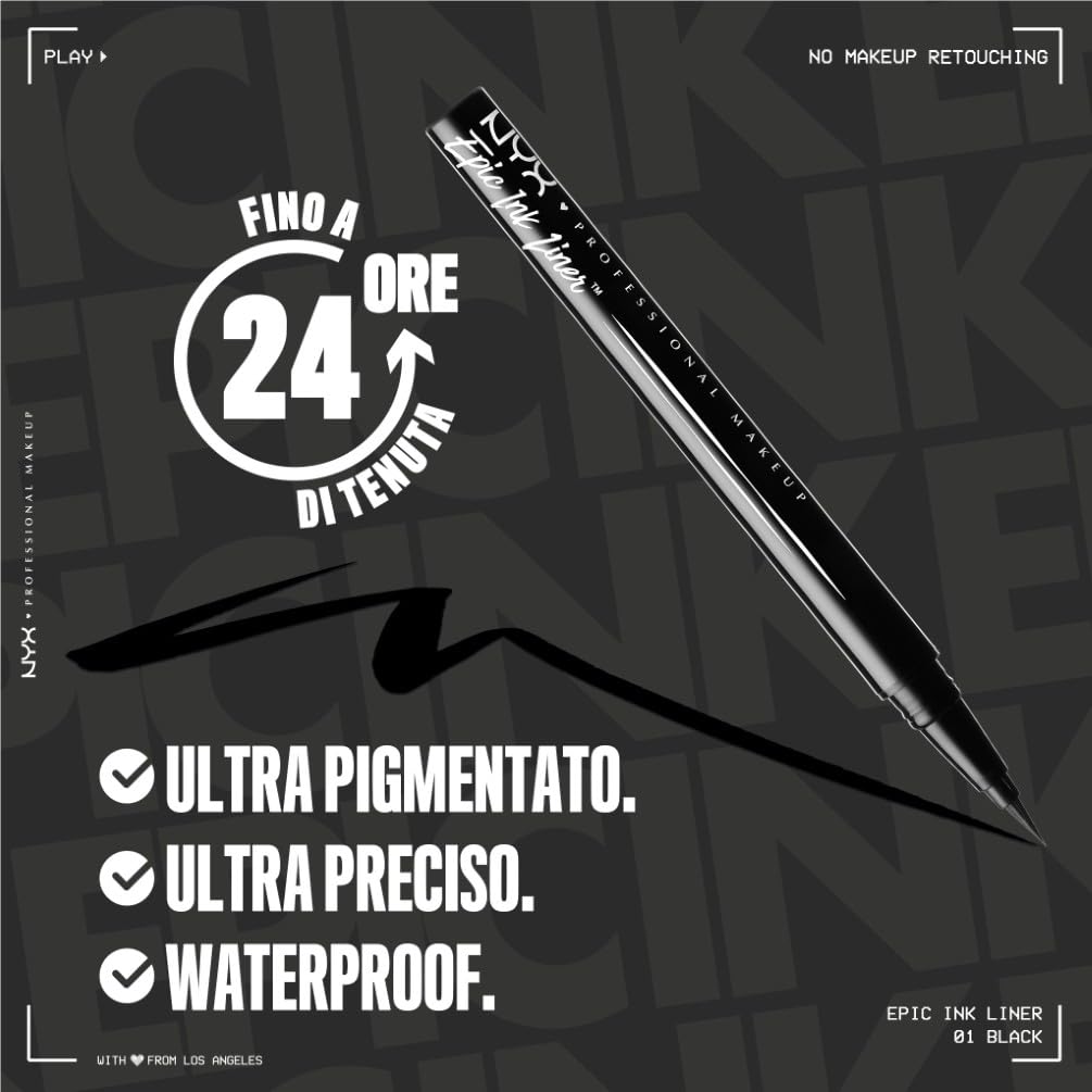 NYX Professional Makeup, Epic Ink Eye Liner, Eyliner Liquido Waterproof, Linee Intense e Precise a Lungo, Texture Scorrevole e Pigmentata, Black, 16 ml
