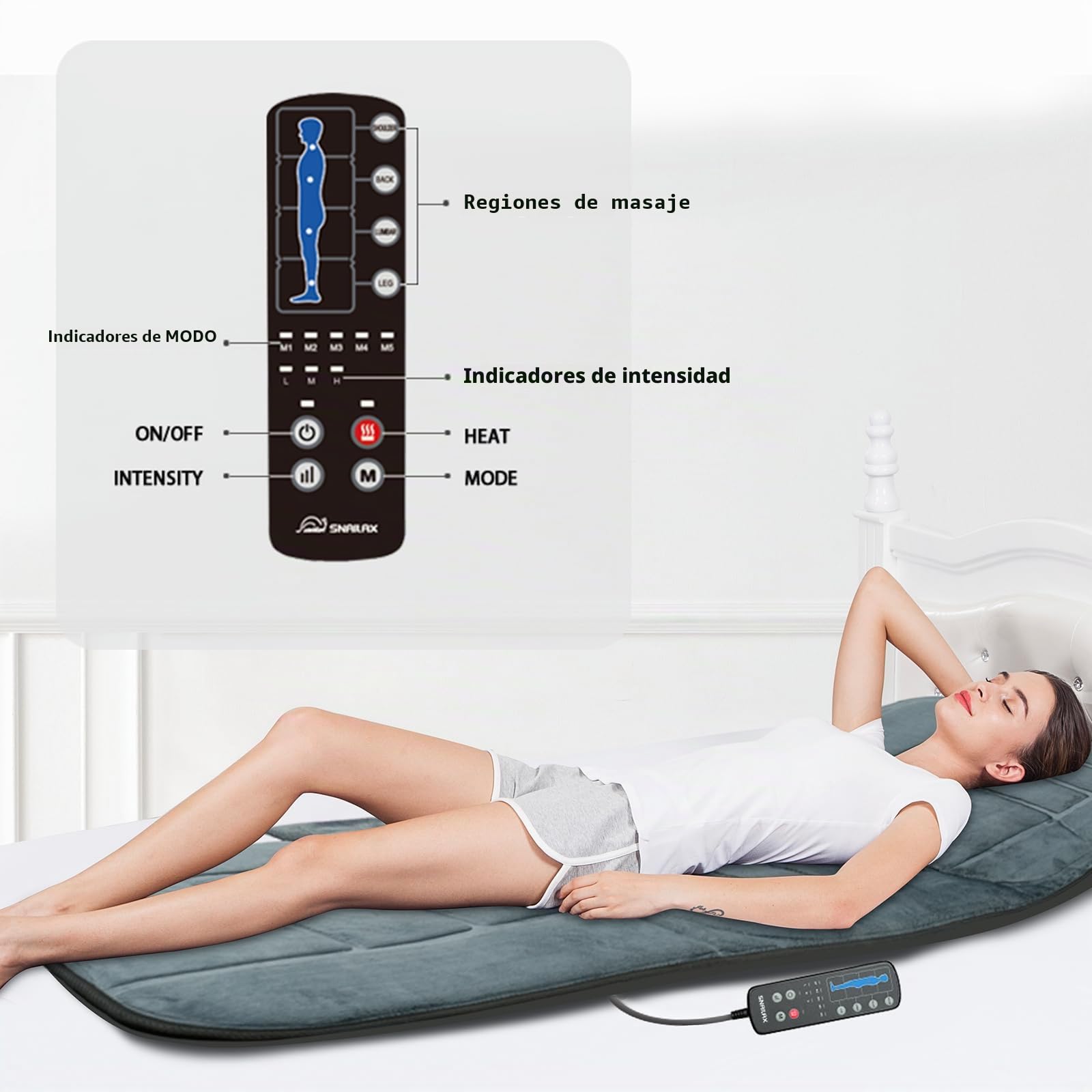 Snailax Alfombrilla de masaje de cuerpo completo con calor, almohadilla de masaje con 5 modos de masaje y 3 niveles de vibración, masajeadores de espalda para aliviar el dolor de espalda, colchón de