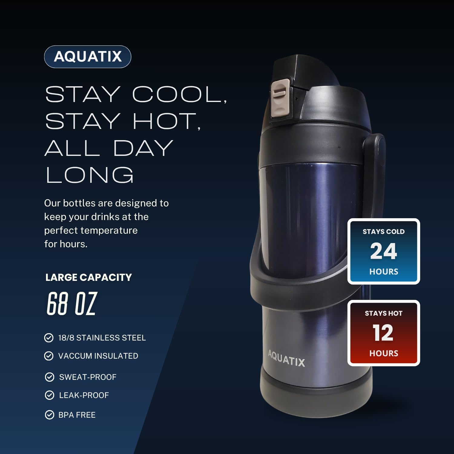 Aquatix Double Wall Insulated Extra Large XL Stainless Steel Sport thermos Bottle 68 ounce Midnight Blue