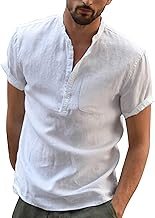 DUOLUVA Chemise Lin Homme Manche Courte Shirt for Mens Col Mao Leger en Coton Plage Classique