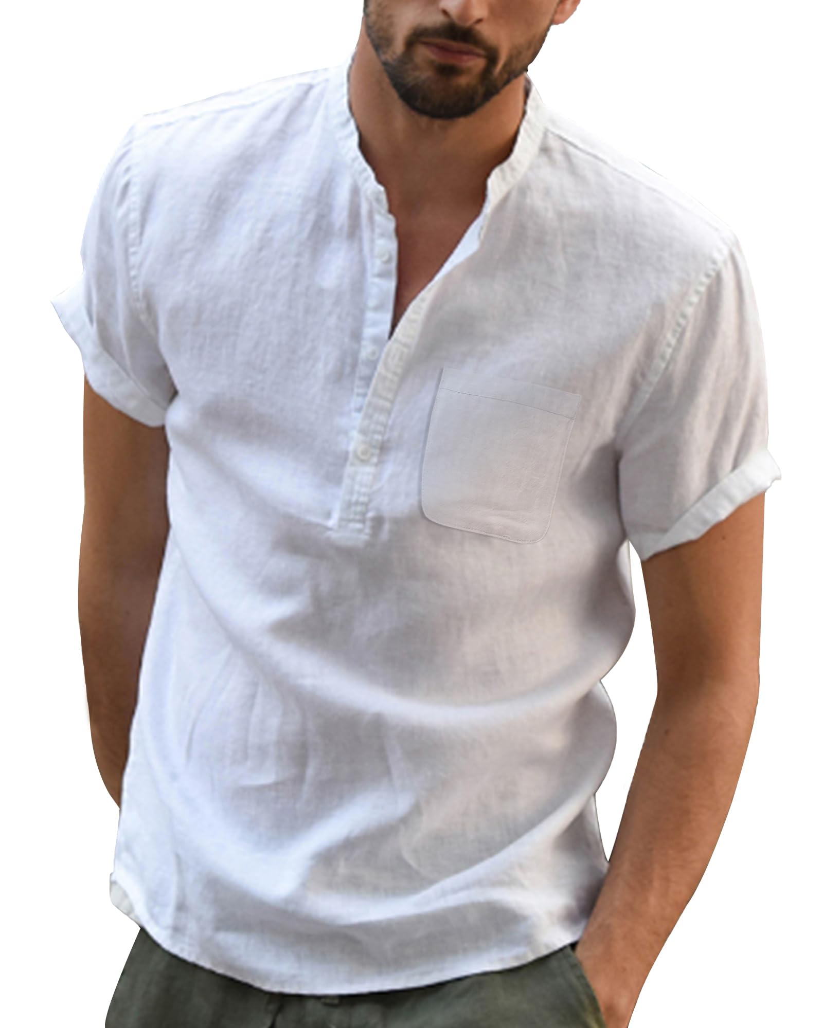 DUOLUVA Leinen Hemd Herren Kurzarm Sommer Shirt Männer Henley mit Brusttasche Universal Fit