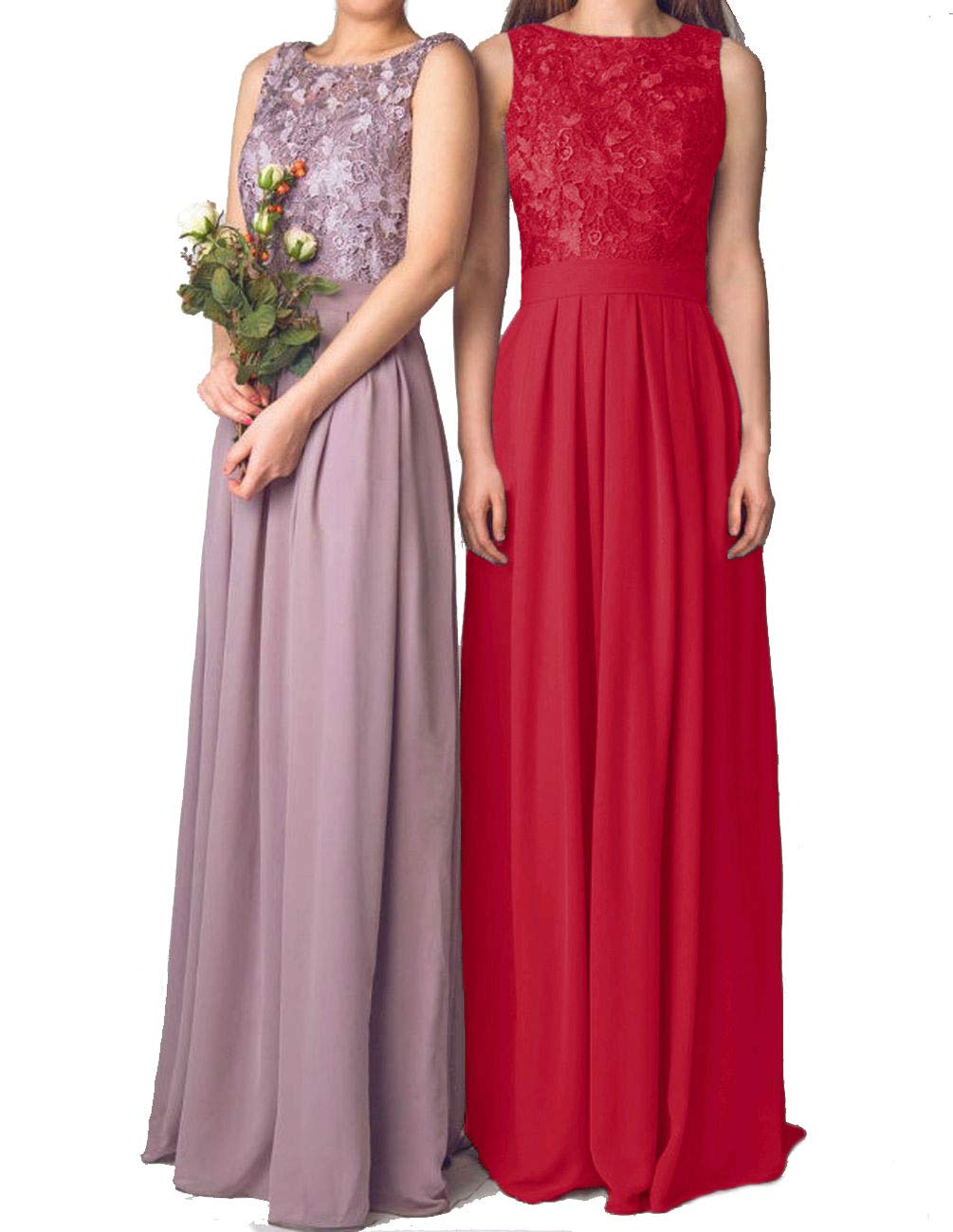 WTW Women's Long Lace Chiffon Evening Party Wedding Bridesmaid Dress-Red-24