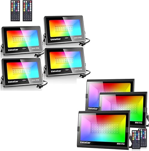 USTELLAR Focos RGB paquete de 4 de 25 W y 3 paquetes de 80 W