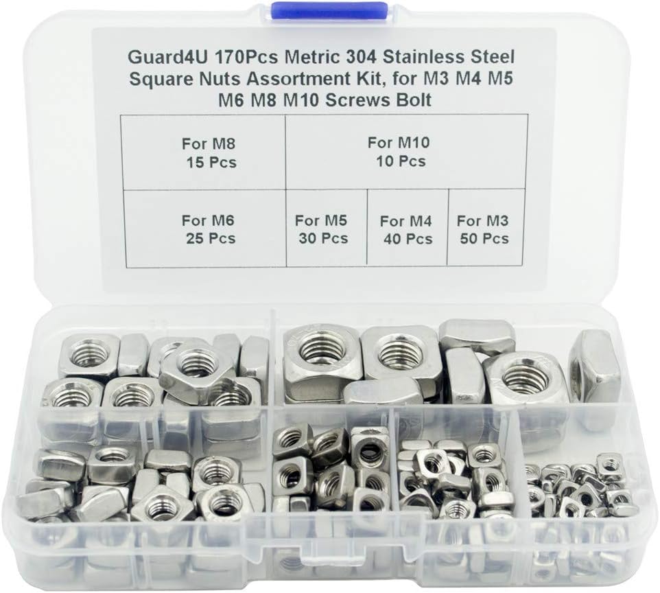 Guard4U170Pcs Metric 304 Stainless Steel Square Nuts Assortment Kit, for M3 M4 M5 M6 M8 M10 Screws Bolt