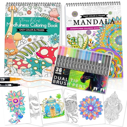 CKMOREL 2Pcs Adult Coloring Books with 36 Colors Markers Mandala Adult Coloring Book for Women Relaxation with 48 Patterns Colors Markers Set Anxiety Relief Mindfulness Gifts Original & Hand Drawn