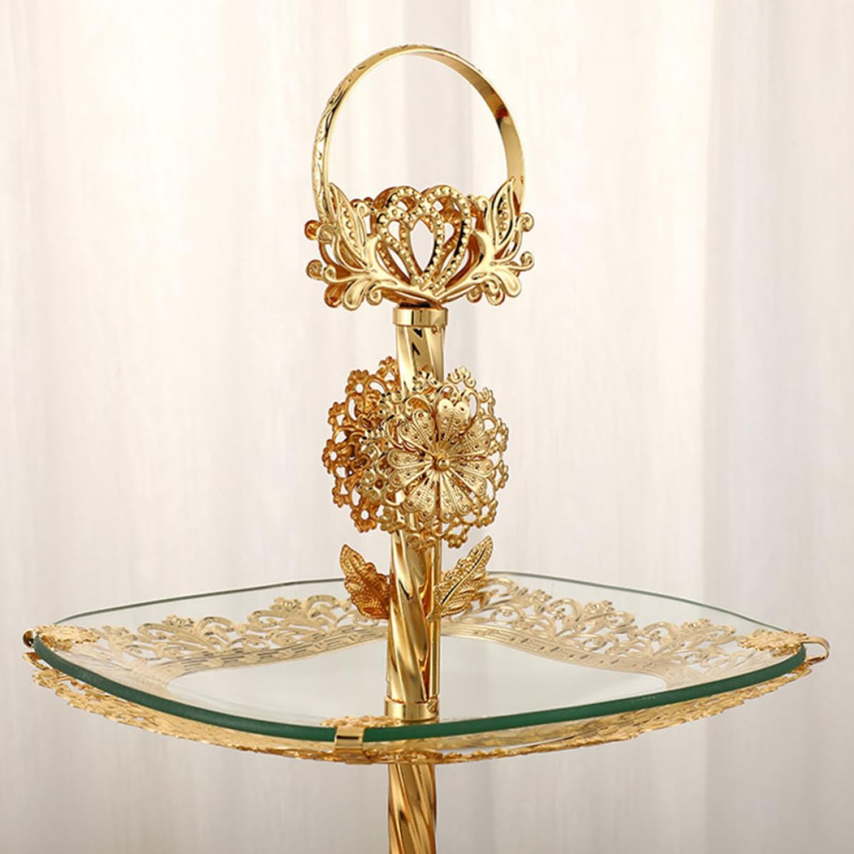 Gatuida Doppellagiger Speiseteller aus Glas und Eisen Goldfarben für Obst und Desserts im Klassischen Europäischen Stil Quadratisch mit Breitem Rand