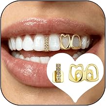 Gold Grills for Your Teeth Grillz for Women Men Rhinestone Tooth Cap Grills Hollow Heart Mouth Grillz Hip Hop Halloween Party Tooth Jewelry