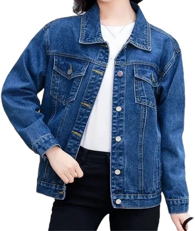 Women's Vintage Single Breasted Denim Jacket Loose Casual Solid Color Long Sleeve Jean Coat
