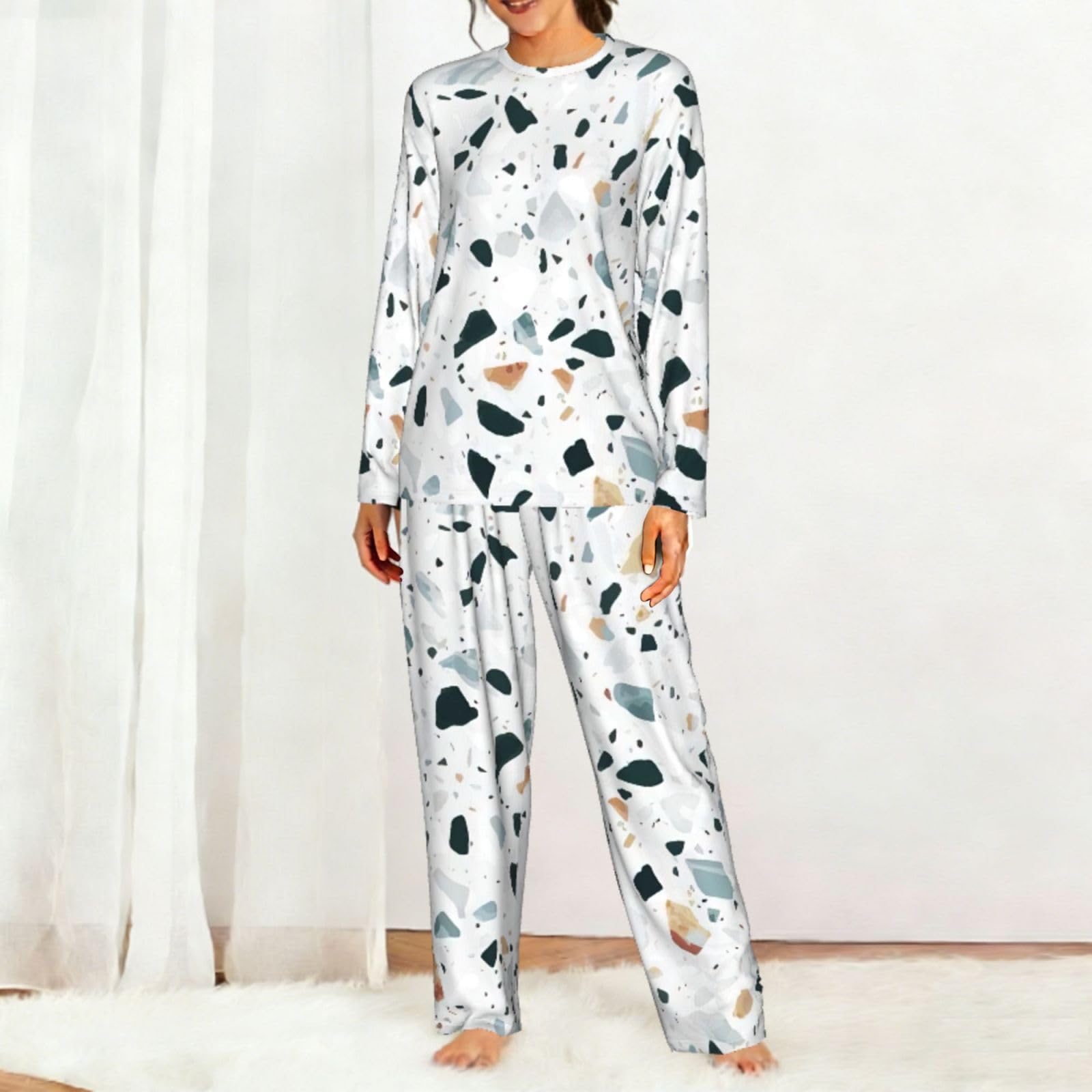 Terrazzo marmo pastello stampa donna manica lunga pigiama coordinato set morbido confortevole lounge elastico pigiameria