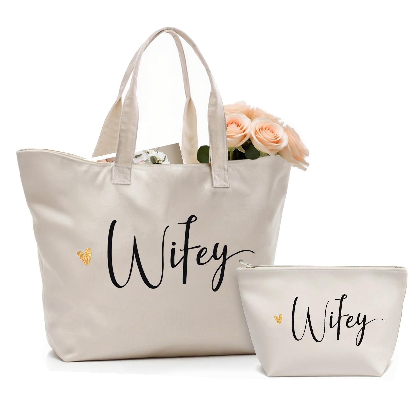 CARAKNOTS Wifey Bag Bride Gifts for Bride Tote Wedding Honeymoon Anniversary Bachelorette Party Bridal Shower Gifts Wife Gift from Groom Canvas Beach