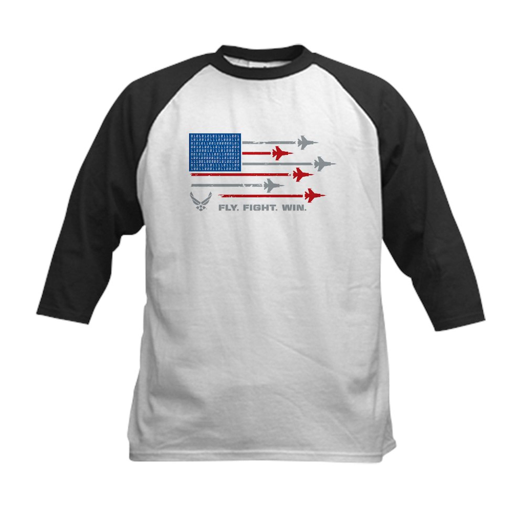 CafePress USAF Fly Fight Win Kids Baseball Tee Kids Cotton Baseball Jersey, 3/4 Raglan Sleeve Shirt Black/White
