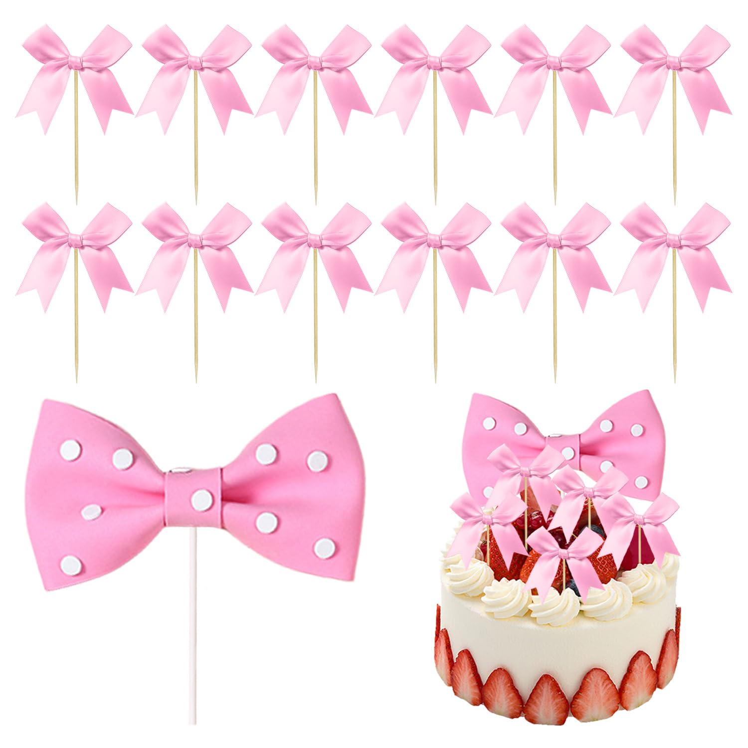 Gdfhbd Pink 12-Piece Cake Inserts And 1-Piece Bow Insert, Cake Decorations, Cute And Sweet Card Inserts, Suitable For Birthdays And Weddings.