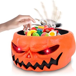 Qivine Bonbon Bol Halloween avec Musique Effrayantes, Halloween Bol Citrouille avec Main Squelettique & Capteur Activé, Halloween Decoration Animé, Indispensable pour Toutes les Fêtes