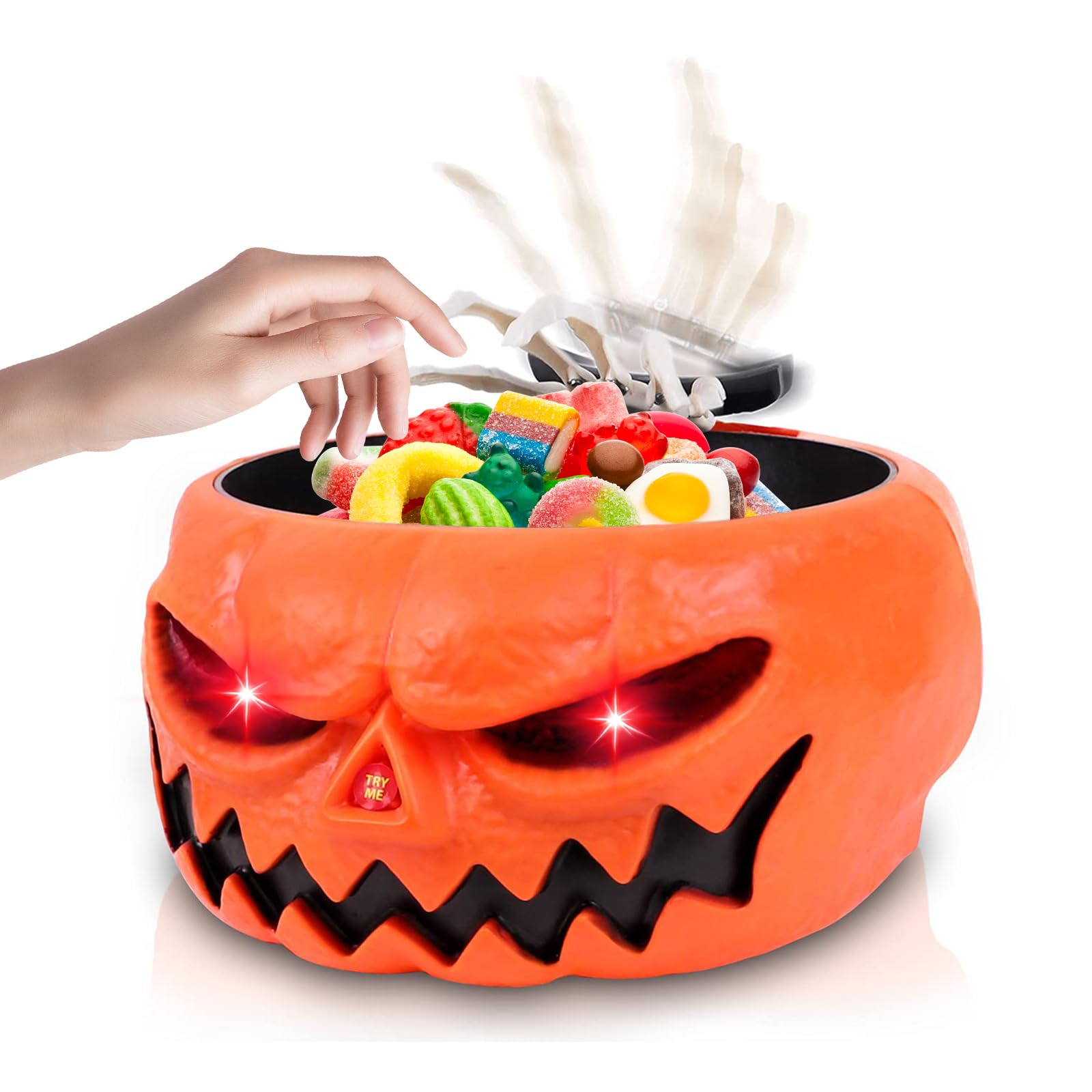 Qivine Luminosa de Tazón de Dulces de Halloween, Cuenco de Plato de Dulces con Cubiertos de Manos Esqueleto, Esqueleto Animado de Decoração Halloween con Sonido