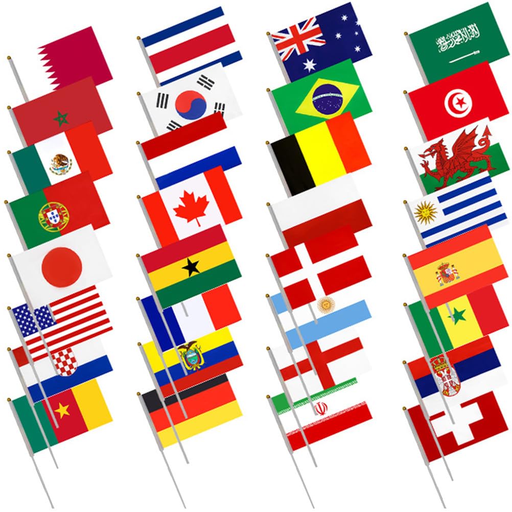TOYANDONA 32pcs Football Flags On Stick, International Hand Held Flags, Countries Bunting Decor for Sports Fans, Gardens, Bar, Restaurant, Parades at Sporting Events, Football Party