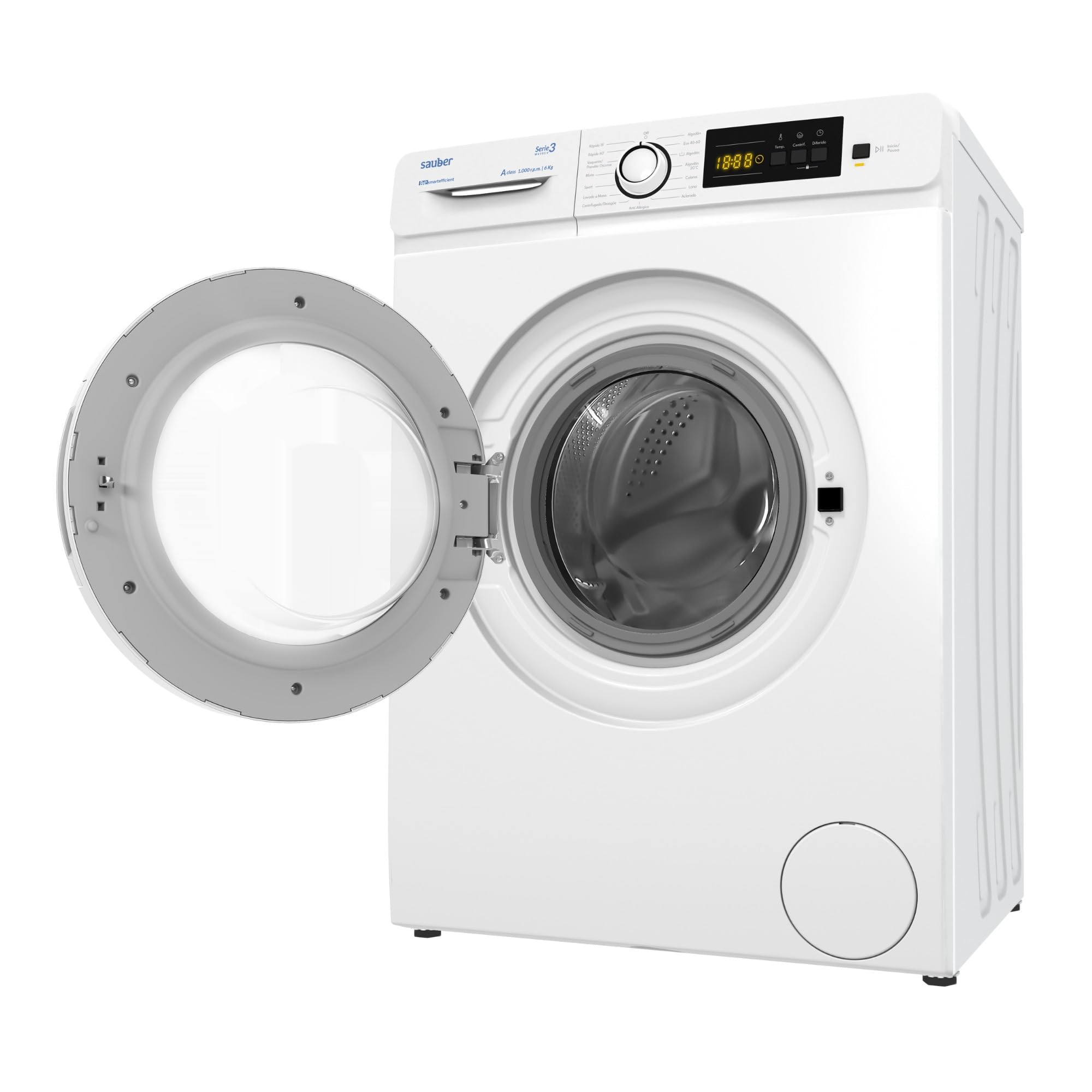 Sauber, Lavadora 6 Kg de carga frontal SERIE 3-W6105V, 1000 RPM, A, Programa Extra Rápido 15 minutos, 15 Programas, Detección de carga, Bajo Consumo, Color Blanco, CON INSTALACIÓN Y RETIRADA USADA