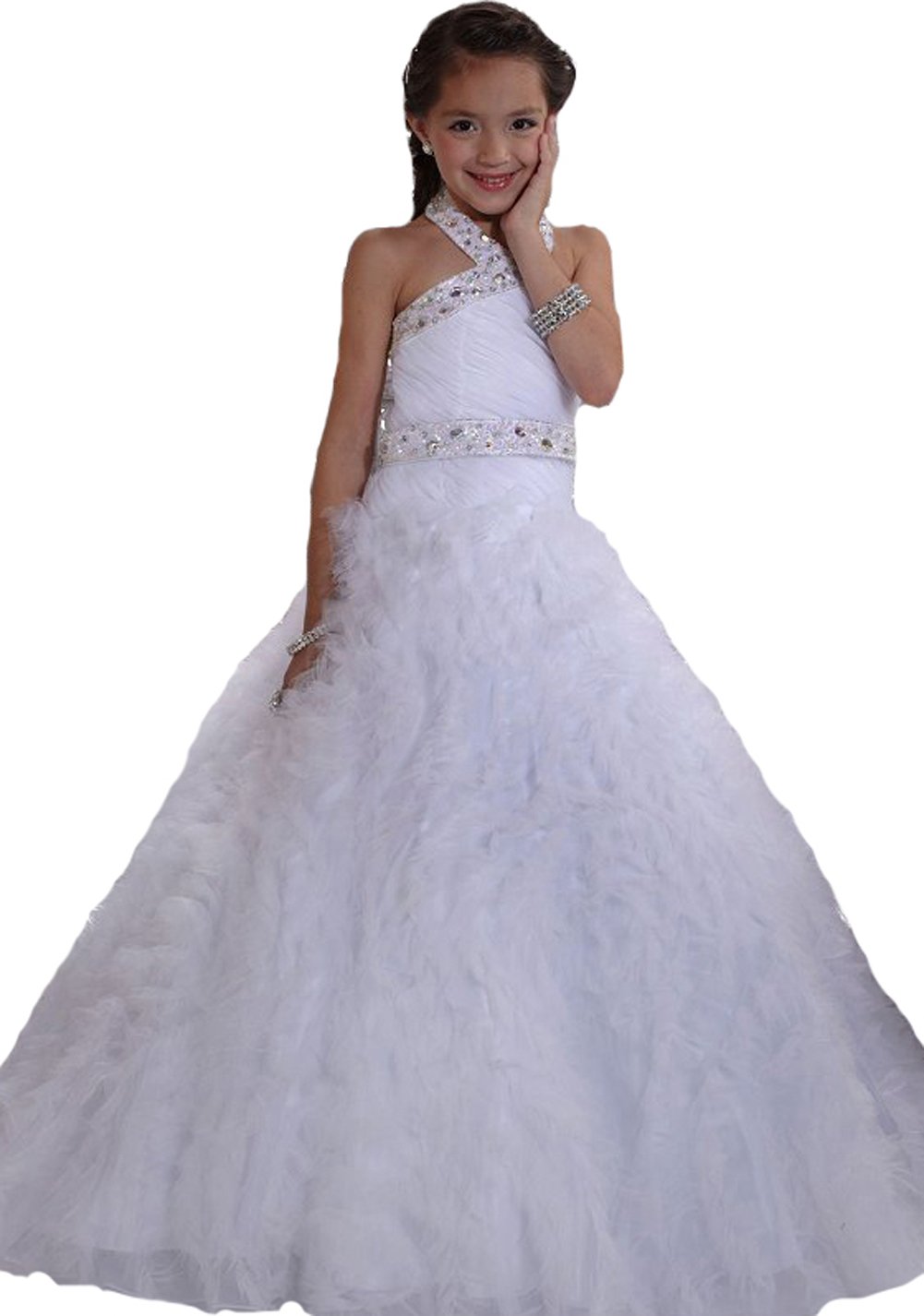 BFB Flower Girls' Prom Ball Gown Floor Length Wedding Pageant Dresses (6, White)