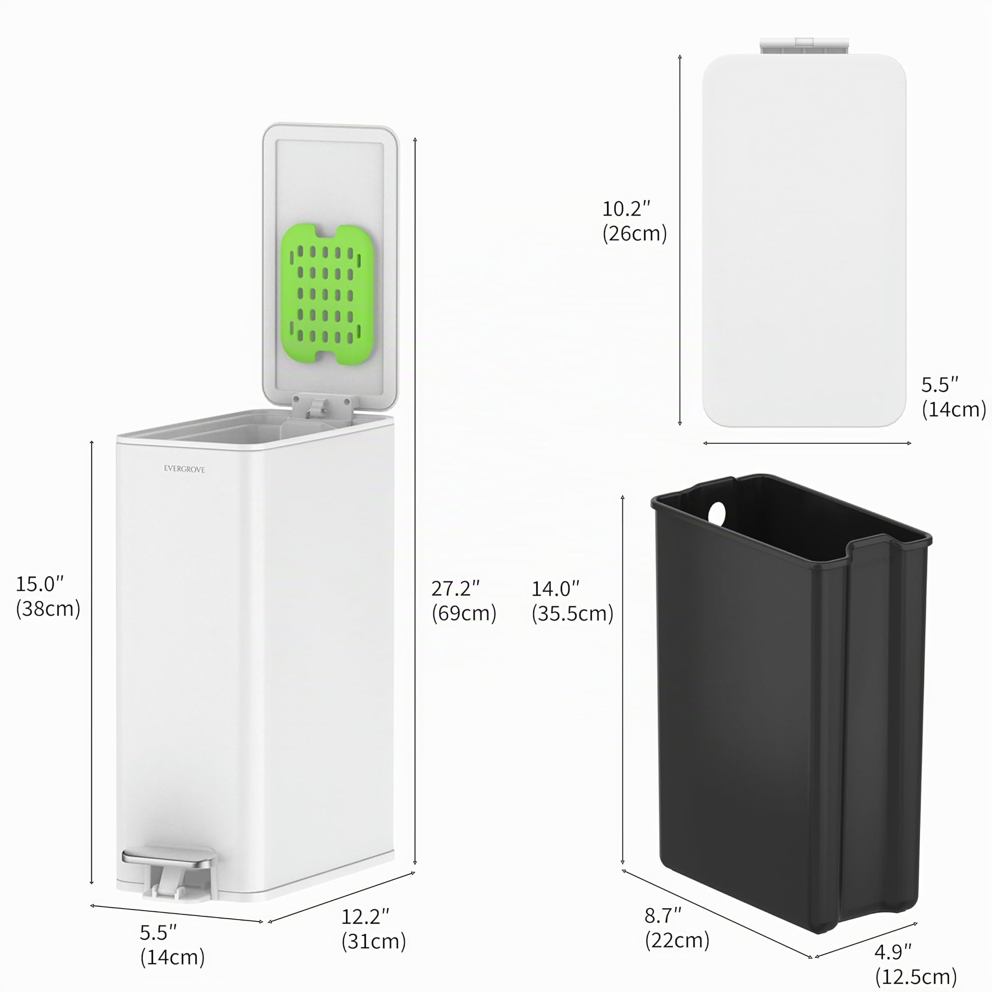 EverGrove 10 L Edelstahl-Treteimer, 14 cm breit, fürs Bad, Arctic White