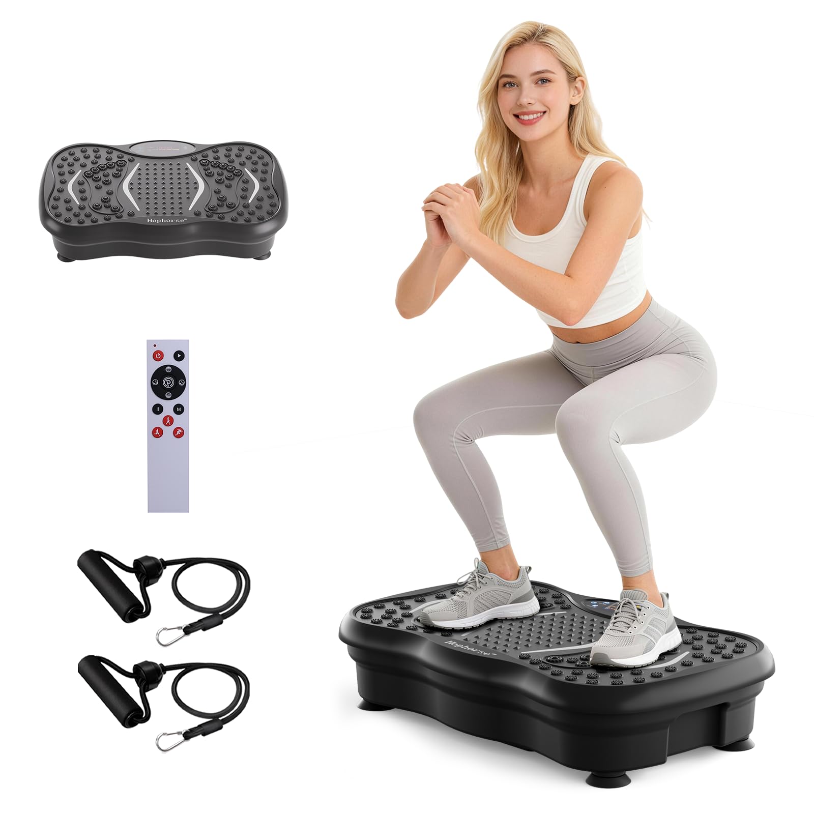 Hophorse Vibration Plate Machine with a woman standing on it, demonstrating its use.