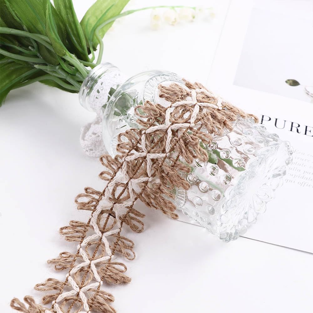 5 Rolls Natural Jute Burlap Roll Ribbon, Vintage Hollow Lace Jute Rope Twine String, 3.5-5cm Width Craft Weave Hemp Rope Gifts Wrapping Supplies(5 roll)