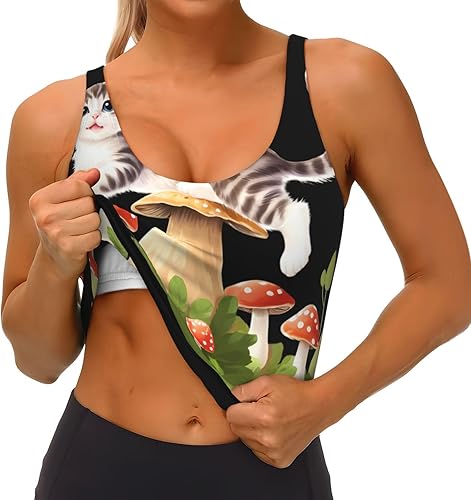 Women's Sports Vest Kitten Jumping on Mushrooms Printed Soft, Comfortable, Lightweight, and Breathable(Black,Large)