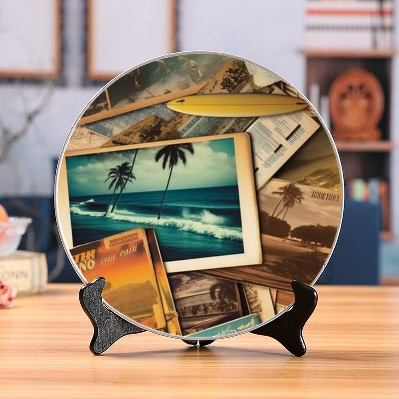 Surfing 10-inch Ceramic Plate for Wall Display or Tabletop, with Stand & Hook DP-599353079