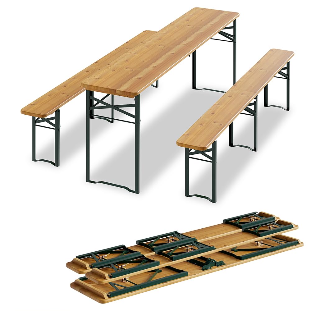 BAKAJI Set 3 Pezzi Birreria con Tavolo Pieghevole e Panche da Esterno, Struttura in Acciaio Comoda, Seduta Ergonomica e Resistente, Ideale per Giardino, Bar, Campeggio, Sagra (220 cm)