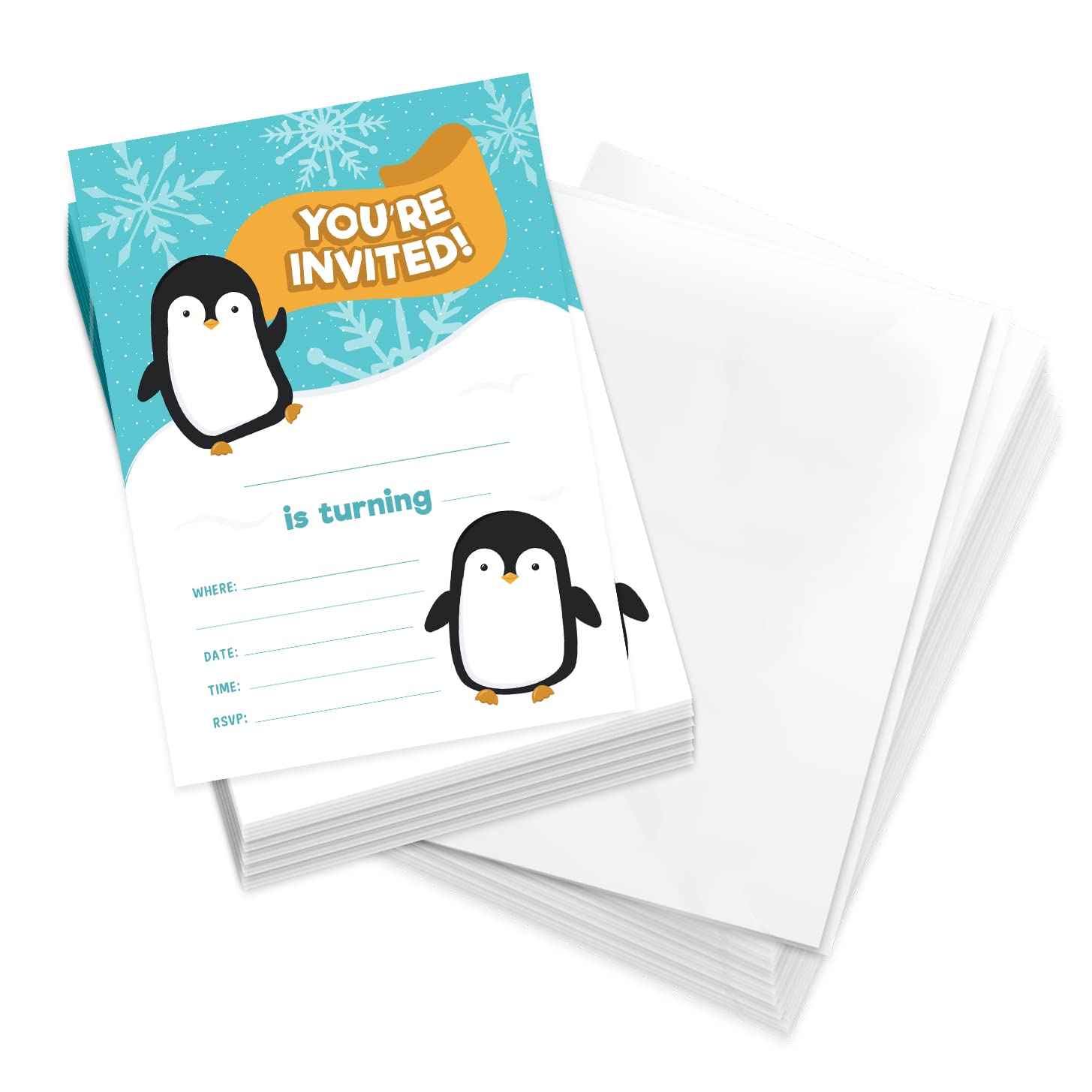 Coastal Palm Penguin Happy Birthday Invitations Invite Cards (25 Count) With Envelopes Boys Girls Kids Party (25ct Design 1)