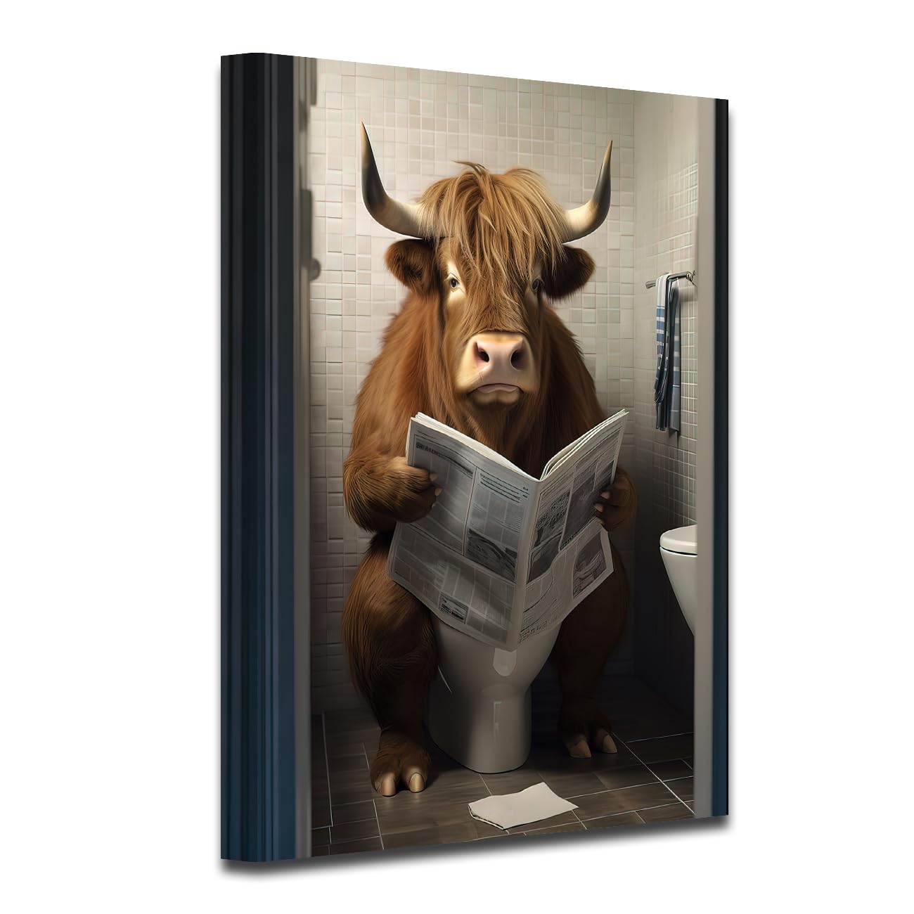 CXHOSTENT Funny Highland Cow Bathroom Canvas Wall Art - Cow Reading Newspapers on Toilet - 50.00 x 75.00 cms โ image 1