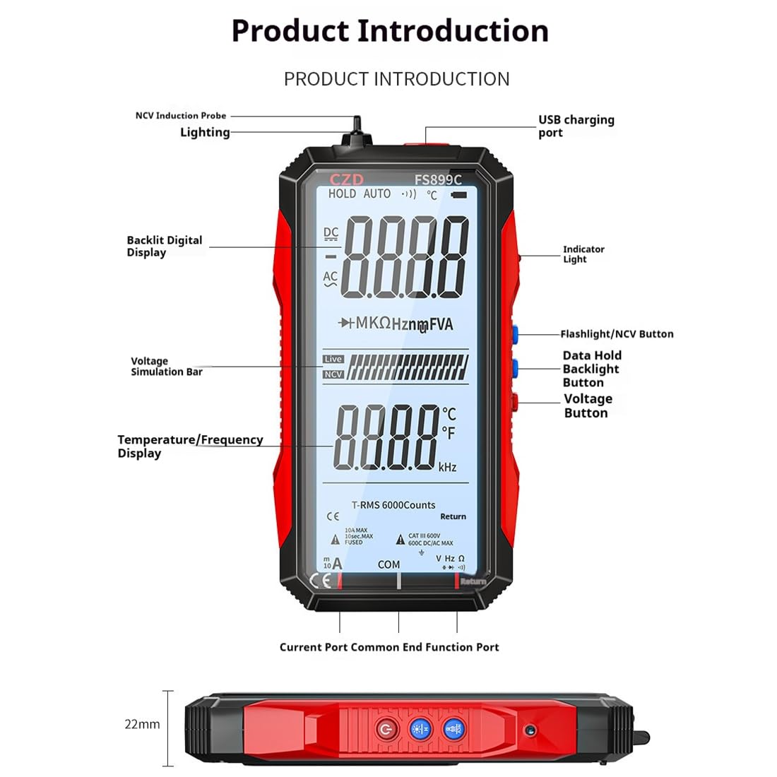 FS899L Smart Digital Multimeter, USB Rechargeable 6000 Counts True RMS Tester with 5" Large Color Screen, Auto-Ranging Voltmeter for Home, Automotive & Industrial Electrical Repair (FS899L +Bag)