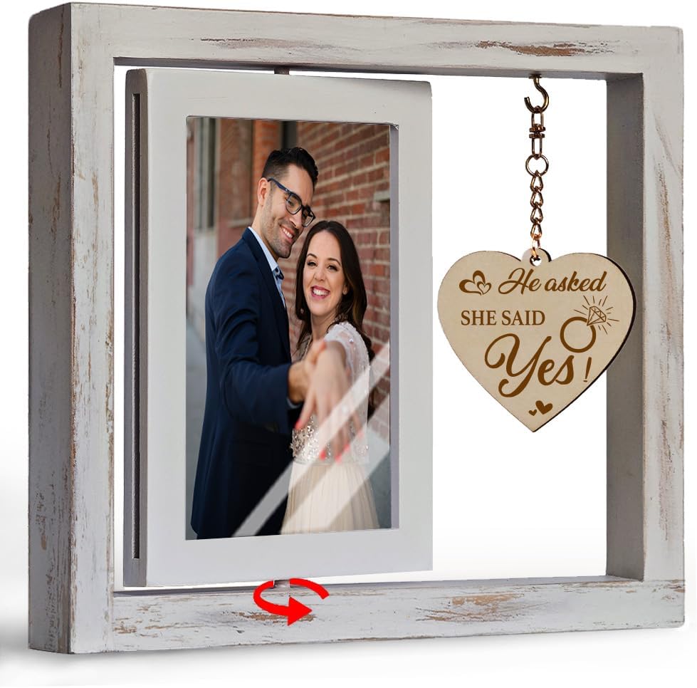 Rotating Floating Engagement Wedding Picture Frame Gifts for Couples, Groom To Be Bride to Be, 10.23"L x 1.18"W x 9.05"D, Wooden Heart-Shaped Frame, 17 Photo Slots, Acrylic Fronts