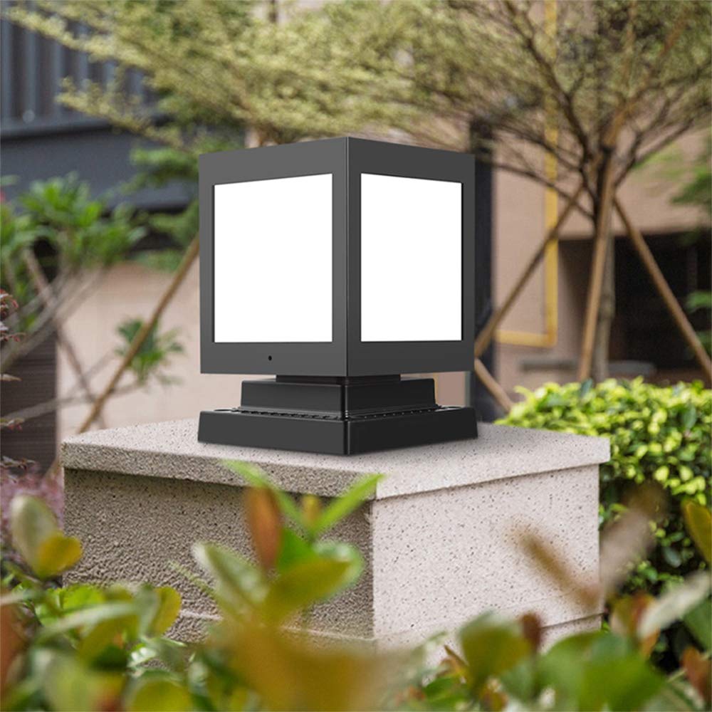 Solarna zewnętrzna lampa słupkowa LED, wodoodporna, ogrodowa lampa solarna do bramy, dziedzińca, werandy, Ø15 cm, czarny kwadrat, 6000 K
