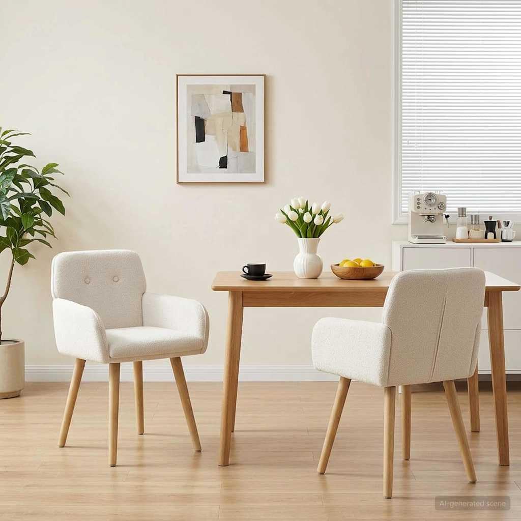 Set di 2 sedie per sala da pranzo, imbottite, color crema, bouclé, con struttura in metallo e gambe in legno, schienale ergonomico, design moderno, per cucina e sala da pranzo, comodi mobili