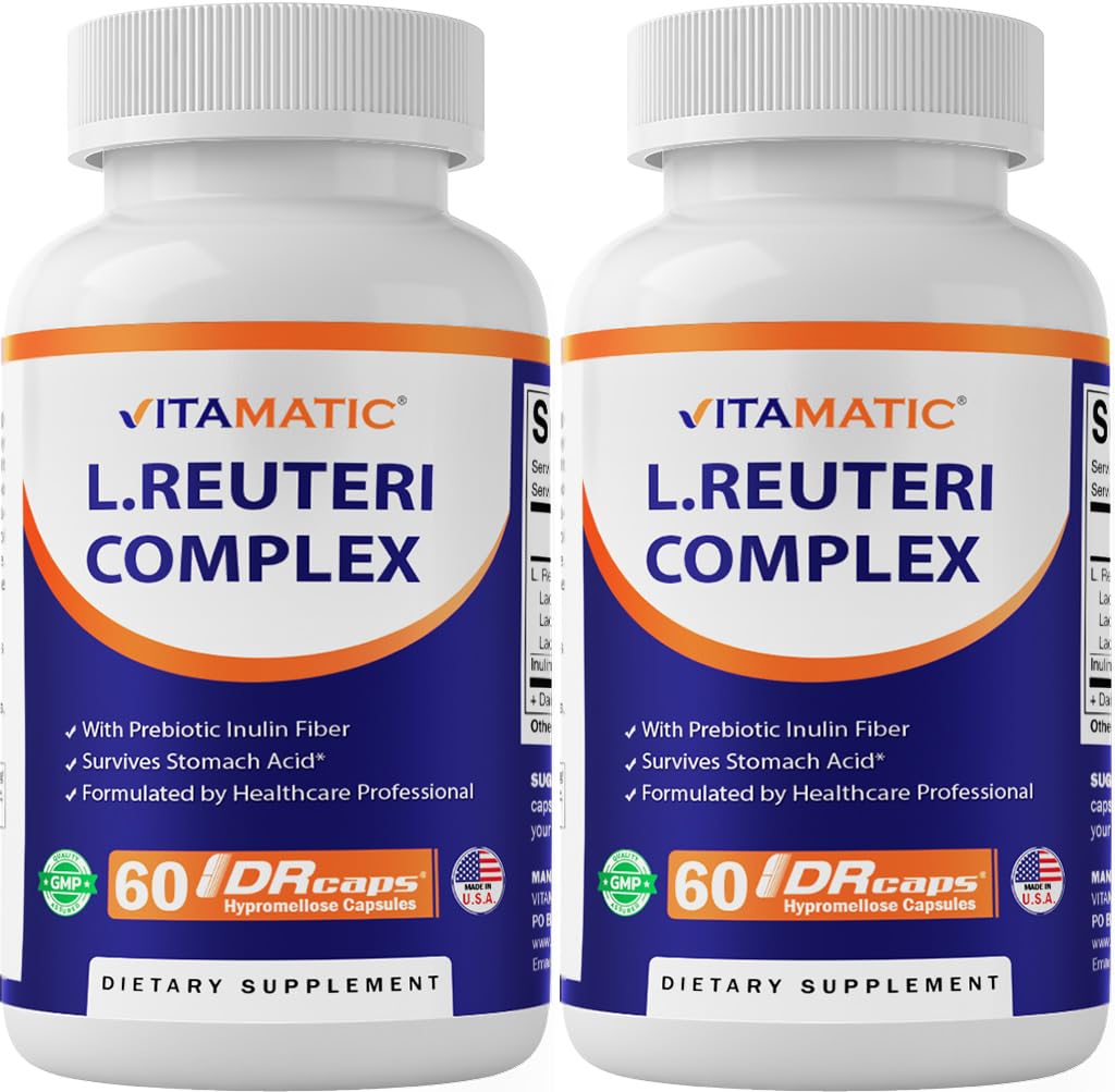 Vitamatic Lactobacillus Reuteri Complex – 22 Billion CFU per Delayed Release Capsule – 60 Capsules – Digestive & Gut Health Support – with Prebiotic Inulin Fiber - 2 Pack