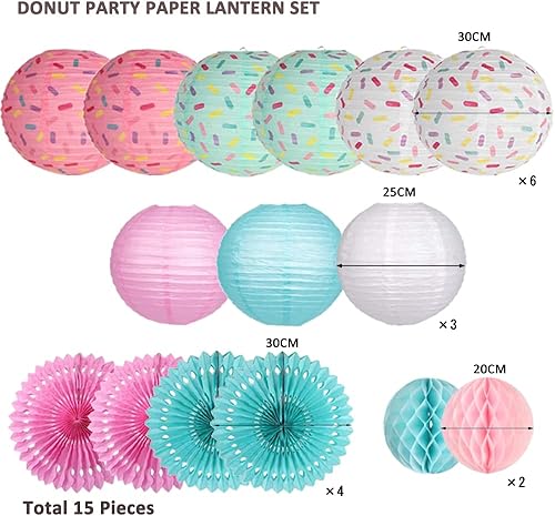 Miniatura 4 de 15 piezas de decoración de fiesta de cumpleaños de dona, faroles de papel para colgar en forma de dona, abanico de papel con forma de panal de