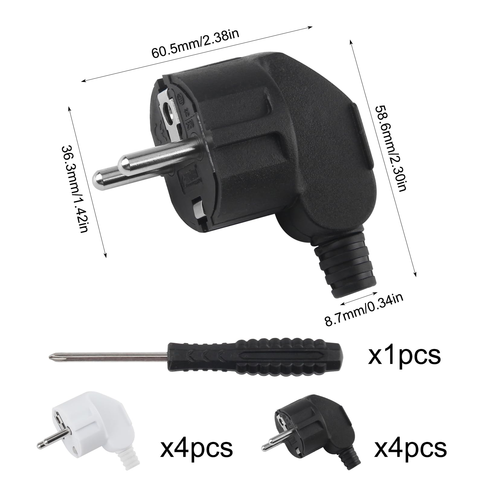 Prise Electrique Male Schuko 250V 16A 8 Pièces + Tournevis