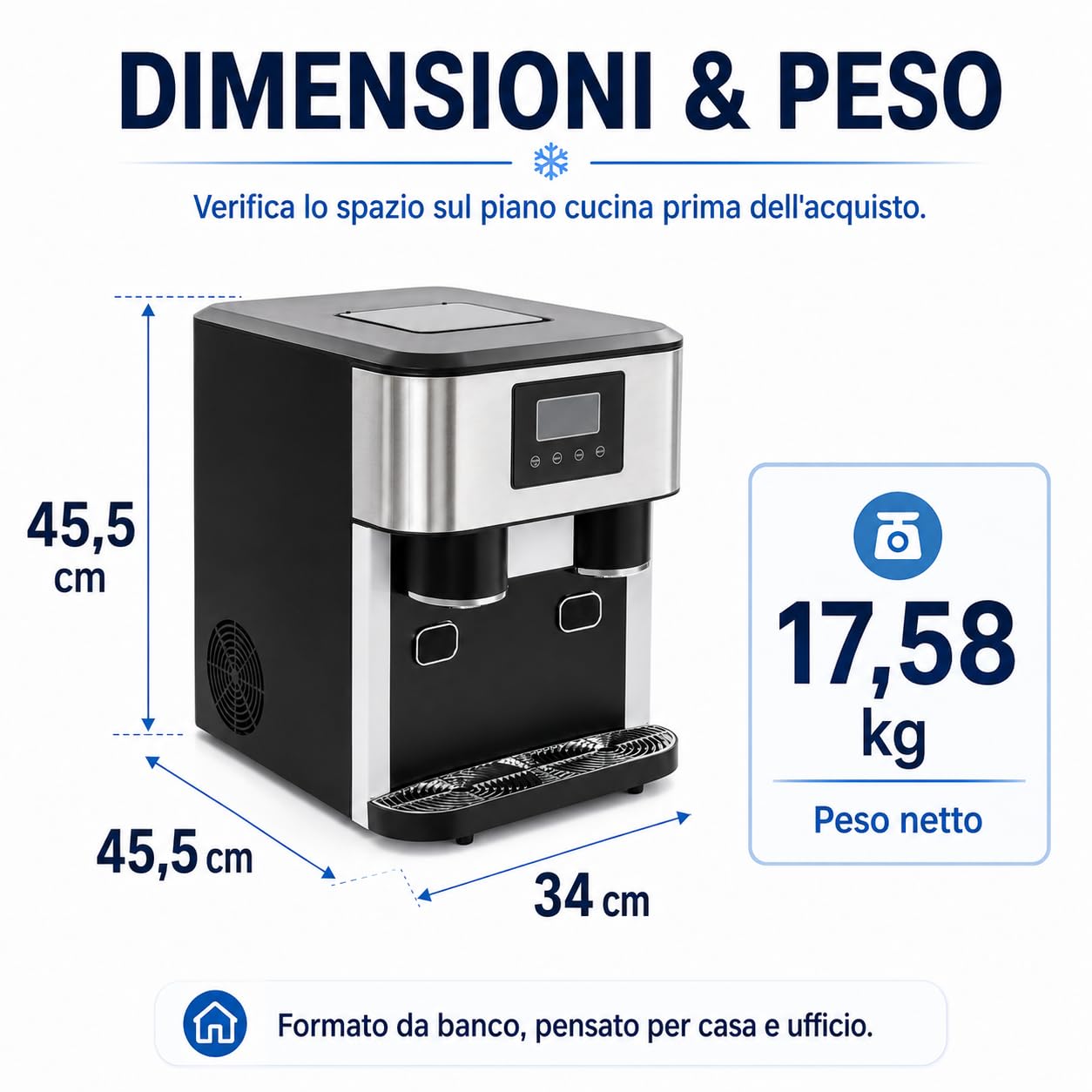 Macchina per il ghiaccio 3 in 1 con tritaghiaccio e acqua fredda, in acciaio inox per la casa, 16 cubetti in 7-9 minuti, robot da cucina compatto