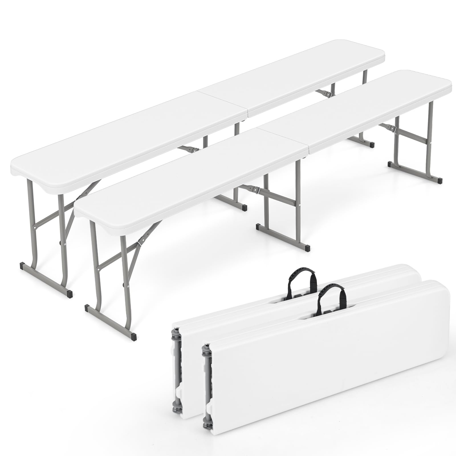 Tangkula 6 FT Plastic Folding Bench, Foldable Bench Seat with Carry Handle, Non-Slip Mat, Indoor & Outdoor HDPE Portable Outdoor Bench for Soccer Sports Picnic Camping, 2 Pack, White