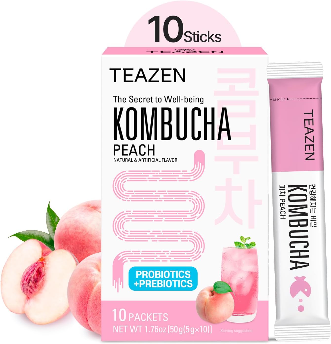 TEAZEN Kombucha Peach Powder Drink Mix, Sugar Free, Halal Certified, Non-Alcoholic, Low Calorie Probiotic Tea with Prebiotic Fiber, 10 Sachets (50g)