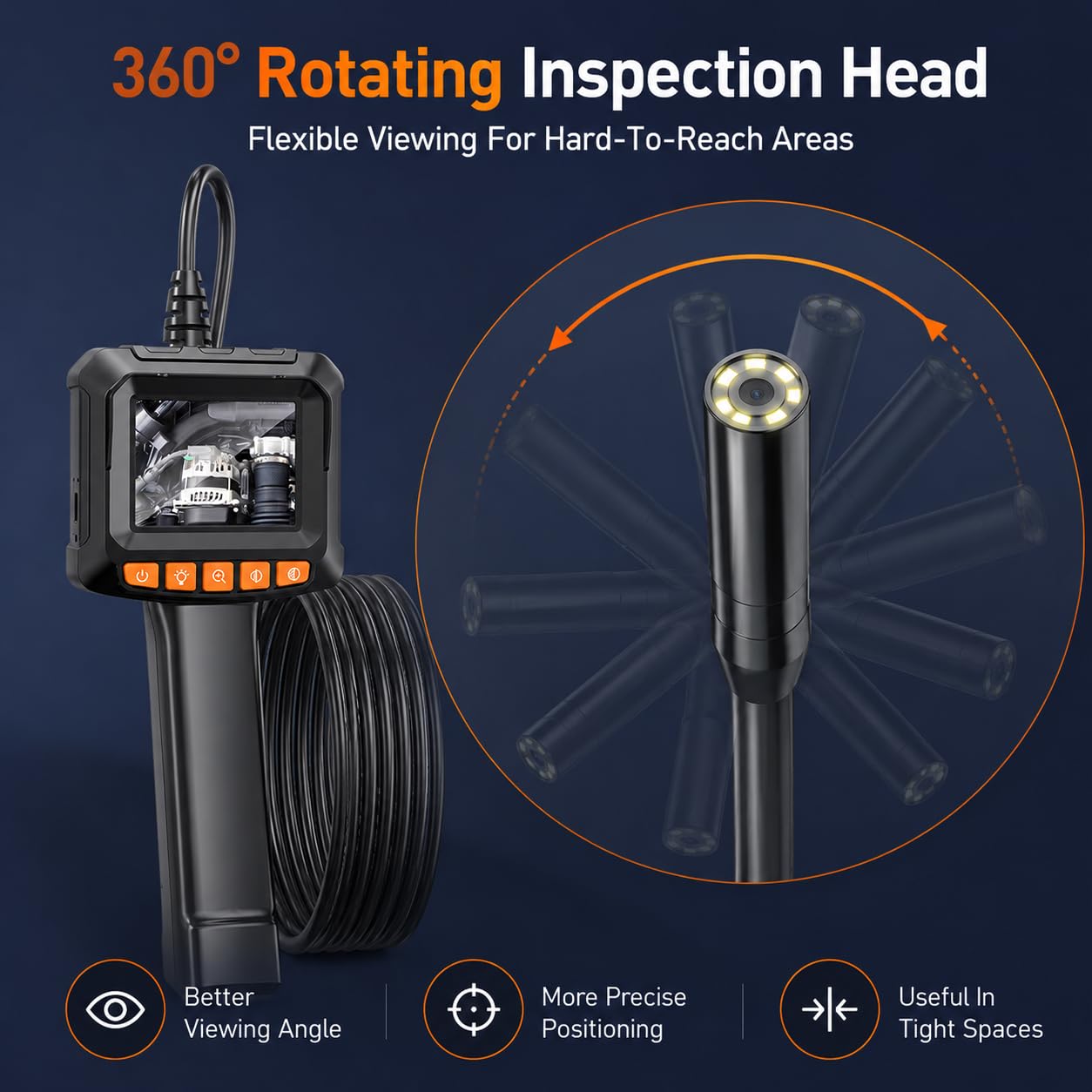 Industrielle Endoskopkamera, 2,4 Zoll, 2 MP, 360 Grad drehbare Sonde, 10 m Einzelobjektiv