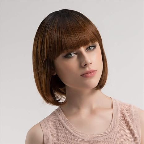Amazon Co Jp ヨーロッパとアメリカのかつら ファッション女性かわいいグラデーションカラー前髪ボブ頭化学繊維かつらほとんどの人のための快適なかつら現実的な耐熱ローズネットふわふわ人格ブラウン 服 ファッション小物