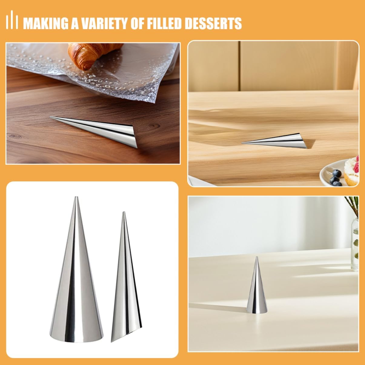 SHOWERORO 10pcs Stainless Steel Cream Horn Molds for Baking Non-stick Pastry Tools for Croissants Waffle Cones Diy Desserts Stackable and Space-saving Design for Home Baking