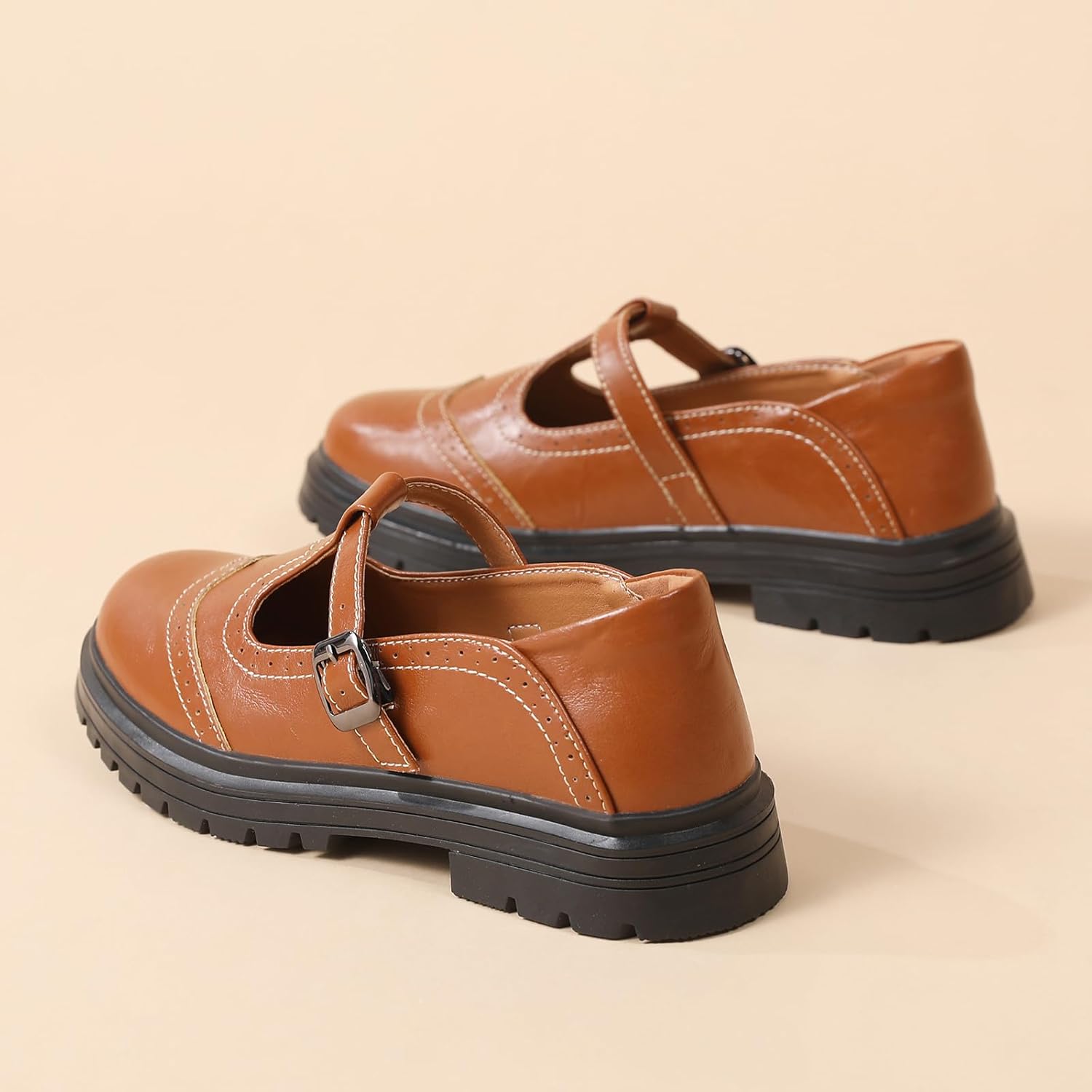 Mary Jane Shoes Women Platform Non-Slip Classics Brogues Round Toe T Strap Comfort Casual Oxford Dress Work Mary Jane Flat Shoes