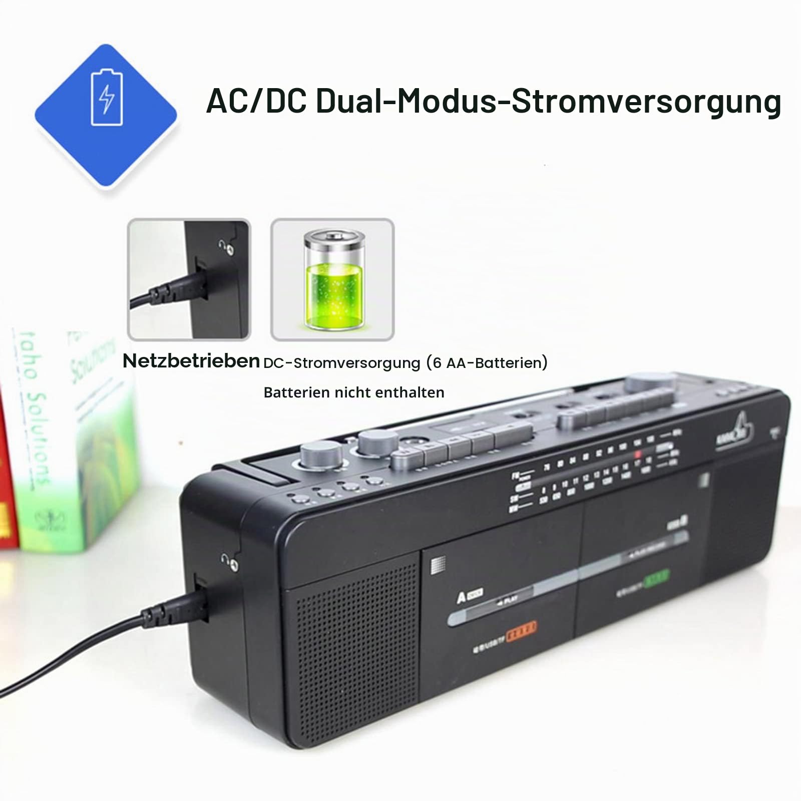 Kassettenrekorder, Doppel-Tape-Player mit FM/SW/WM-Radio, MP3/U-Disk, TF-Kartenwiedergabe, Ein-Klick-Aufnahme/Transkription, tragbares Musikgerät