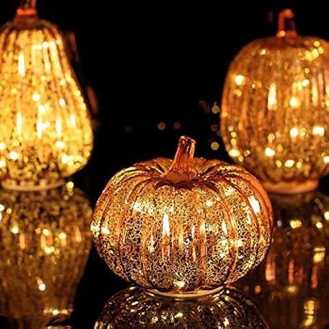 Romingo Set of 3 Halloween Mercury Glass Pumpkin Light with Timer Fall and Thanksgiving Home Decor, Glod Cover