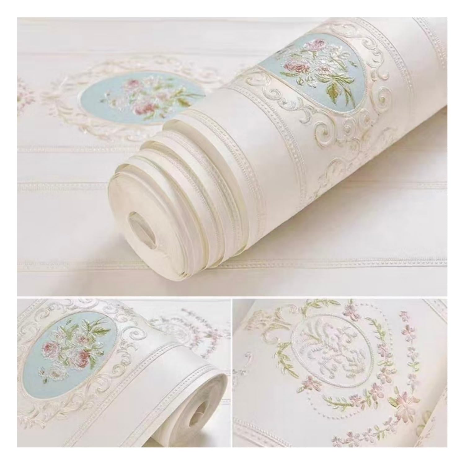 Lxlambentive Floral Euro Style Peel and Stick Wallpaper 53cm Self-Adhesive 3D Embossed Wall Cover Bedroom Self Adhesive Wallpaper 3 Colours 3–9m Living Bedrm Walls(A,0.35 * 6m)