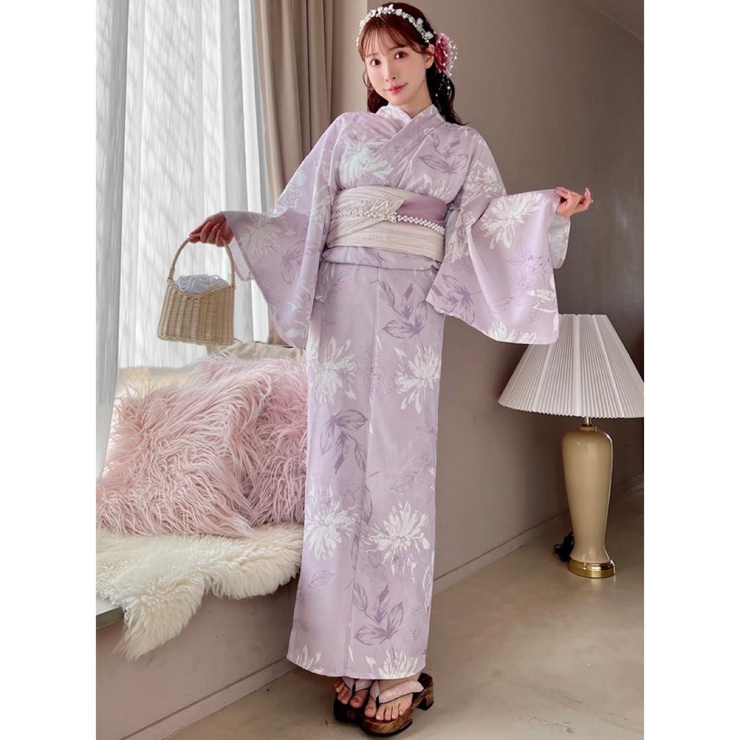 Amazon.co.jp: 線画花柄浴衣セット ラベンダーゆかた 兵児帯 大人 花柄