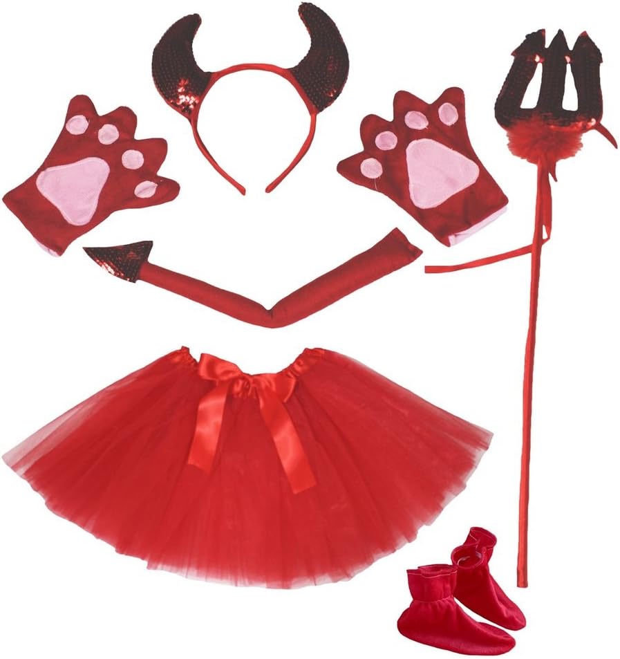 Petitebella Devil Headband Bowtie Tail Glove Trident Shoe Tutu Costume for Girl (One Size) Red