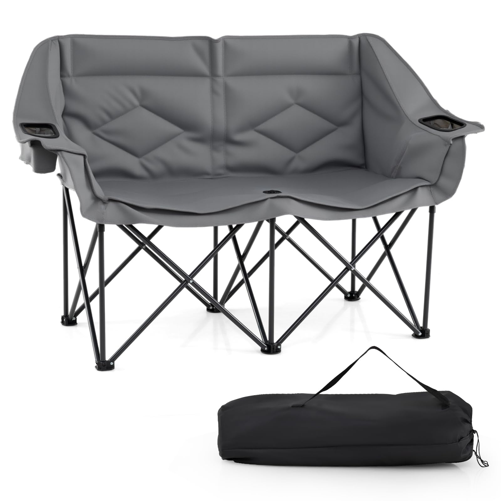 COSTWAY Double Folding Camping Chair, Padded Oversized Portable Loveseat with Armrest, Carry Bag, Storage Pockets and Anti-Slip Feet, Garden Patio Fishing Beach Picnic Chairs (Gray, 146 x 56 x 94 cm)
